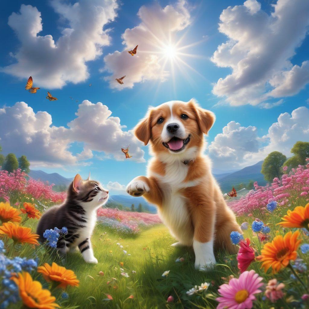 A vibrant scene of various cheerful furry friends, including playful puppies and kittens, frolicking in a sunny meadow filled with colorful flowers. A pet owner is joyfully interacting with the animals, surrounded by bright blue skies and soft clouds, showcasing moments of love and care. The image should exude happiness and warmth, highlighting the special bond between pets and their owners. super-realistic. vibrant colors. bright background.