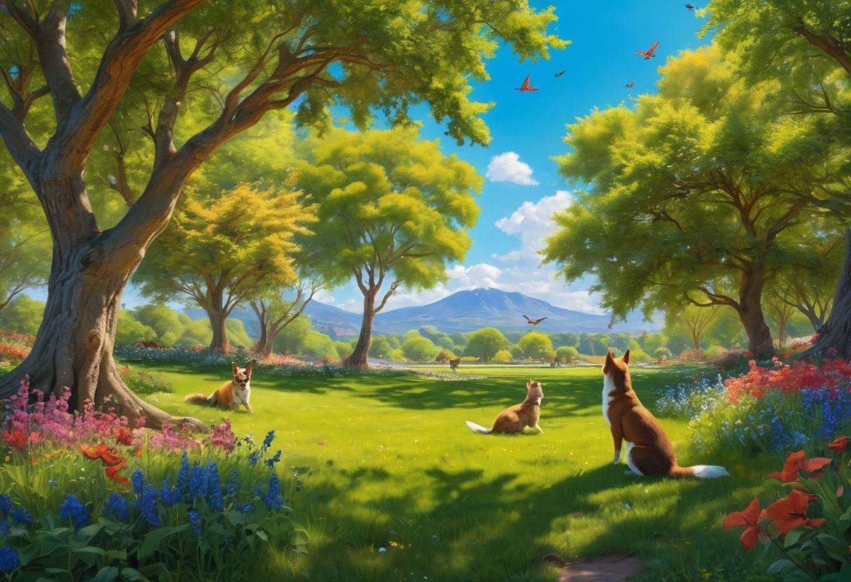 A serene scene depicting a person sitting peacefully in a lush green park, surrounded by playful dogs, colorful birds, and curious squirrels, illustrating the joy that animal interactions bring to our lives. Soft sunlight filters through the trees, casting gentle shadows, while the expressions of both animals and human radiate happiness. The background shows a vibrant landscape with blooming flowers and a clear blue sky. super-realistic. vibrant colors. 3D.