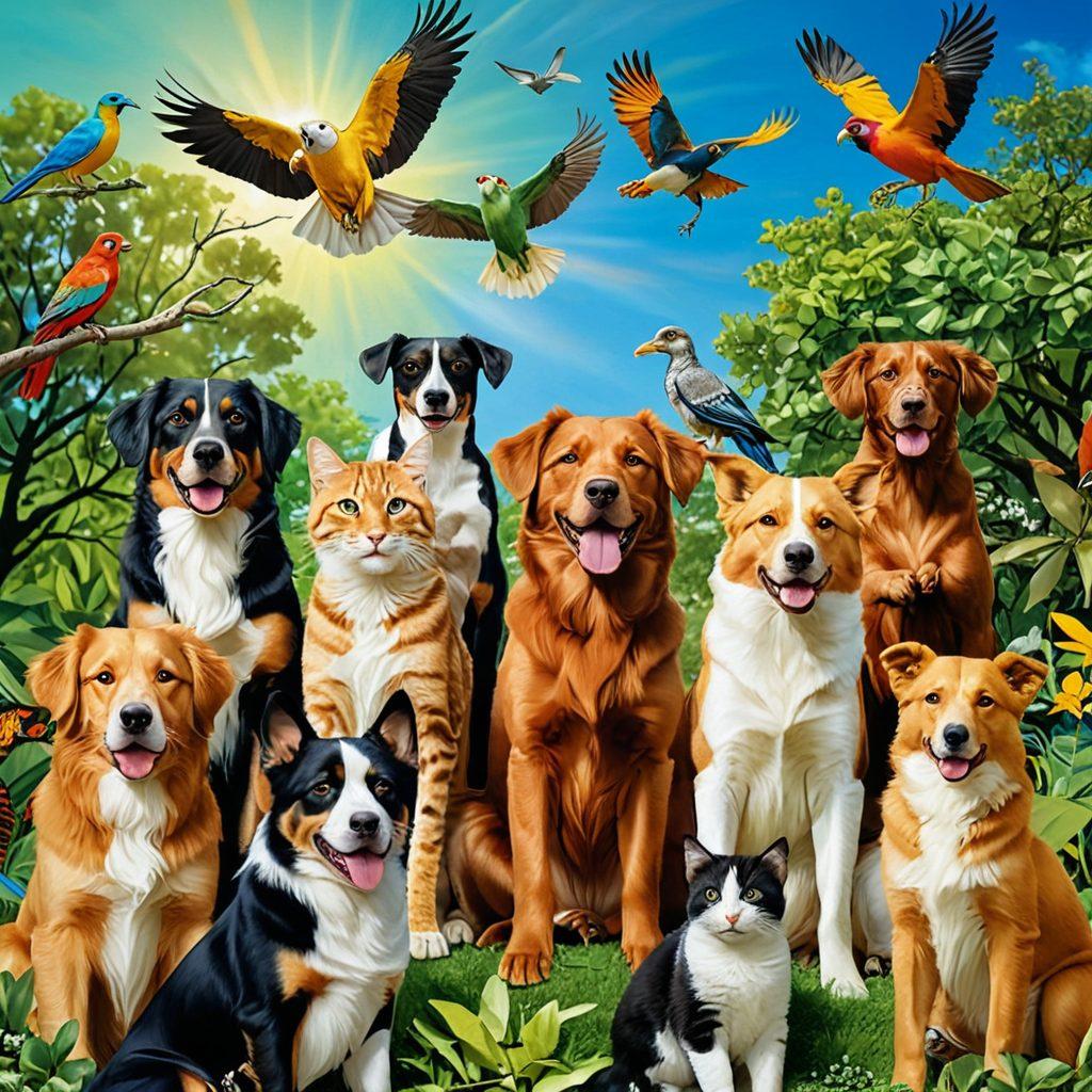 A vibrant collage showcasing the cheerful spectrum of animal life, featuring playful pets like dogs and cats, alongside joyful wildlife such as colorful birds and playful monkeys, all set in a lush green environment. The background should be a bright blue sky with a hint of sunshine, conveying happiness and vitality. Capture a sense of harmony between domestic and wild animals. hyper-realistic. vibrant colors. bright blue sky.